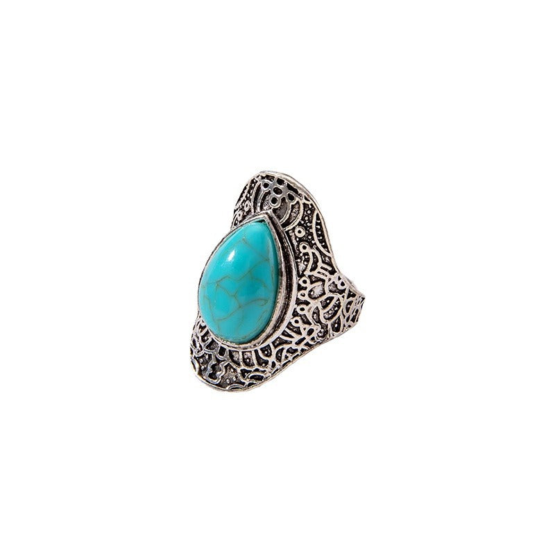 Wholesale Retro Turquoise Ring Ethnic Style Oval Cross Geometric Ring
